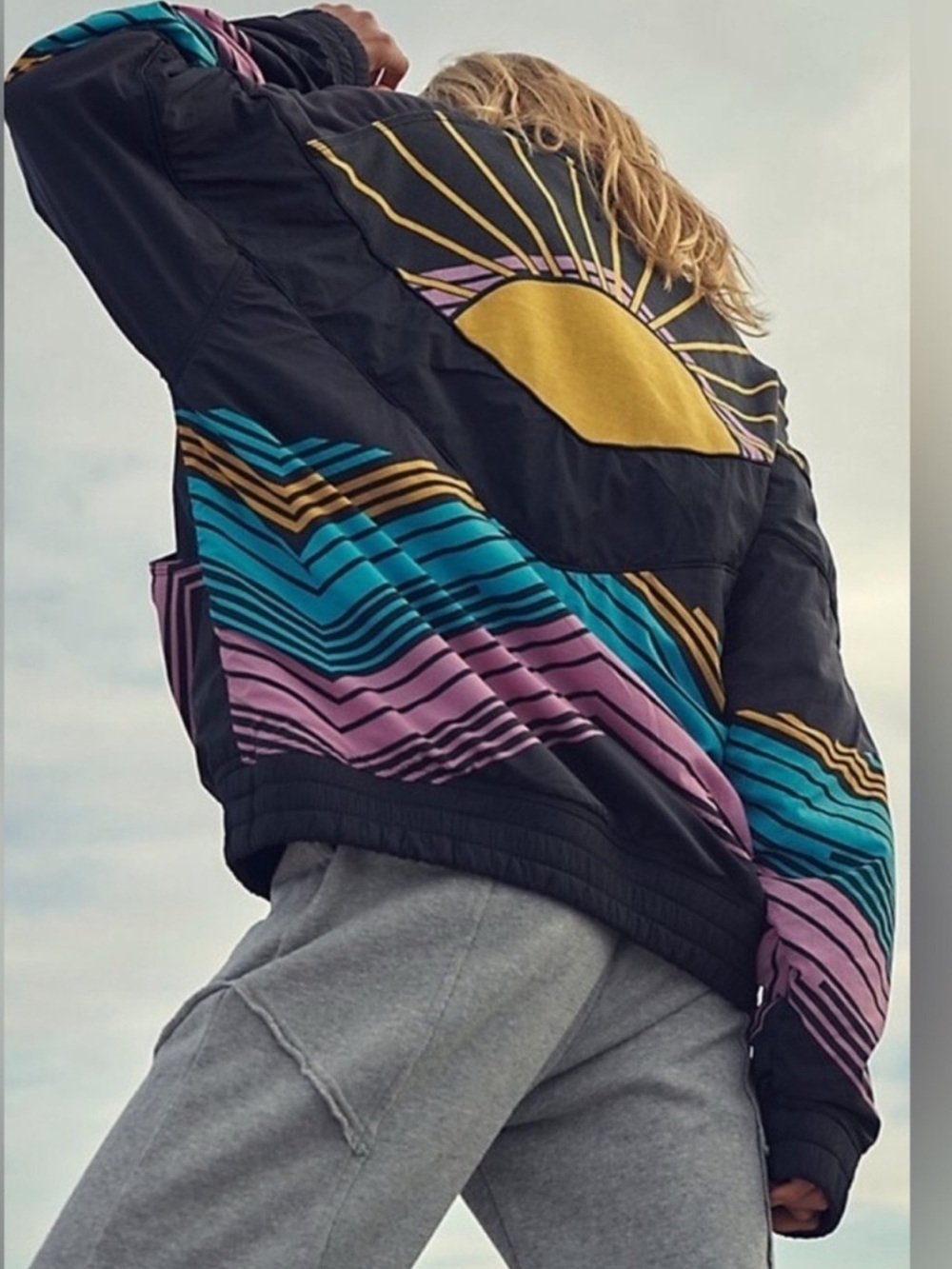 Free People Black Pullover with Teal, Pink & Yellow Stripes